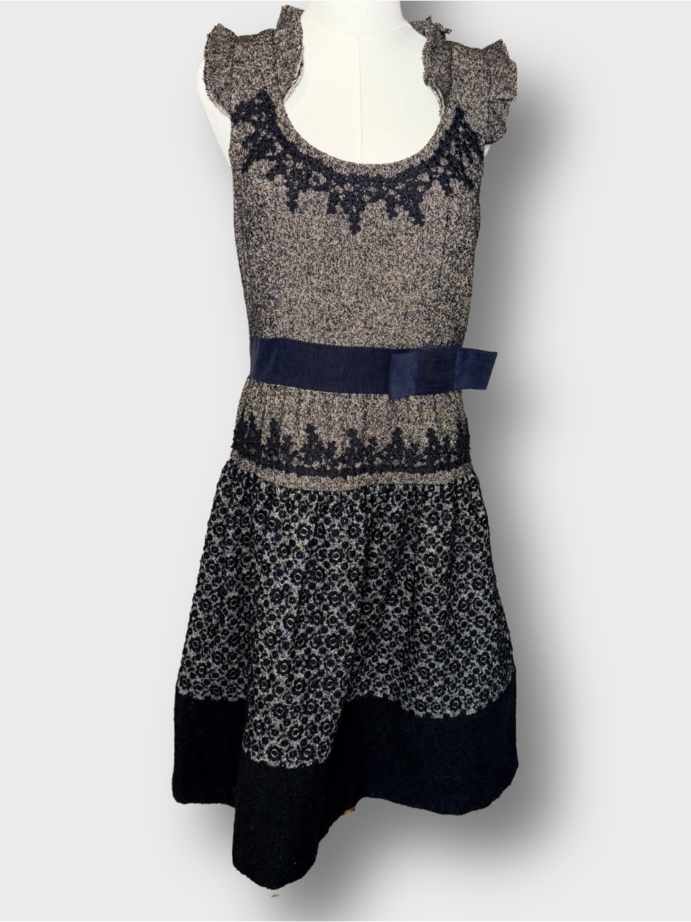 TOCCA Vintage Gray Tweed A-Line Dress Black Lace Navy Blue Ribbon Belt Size